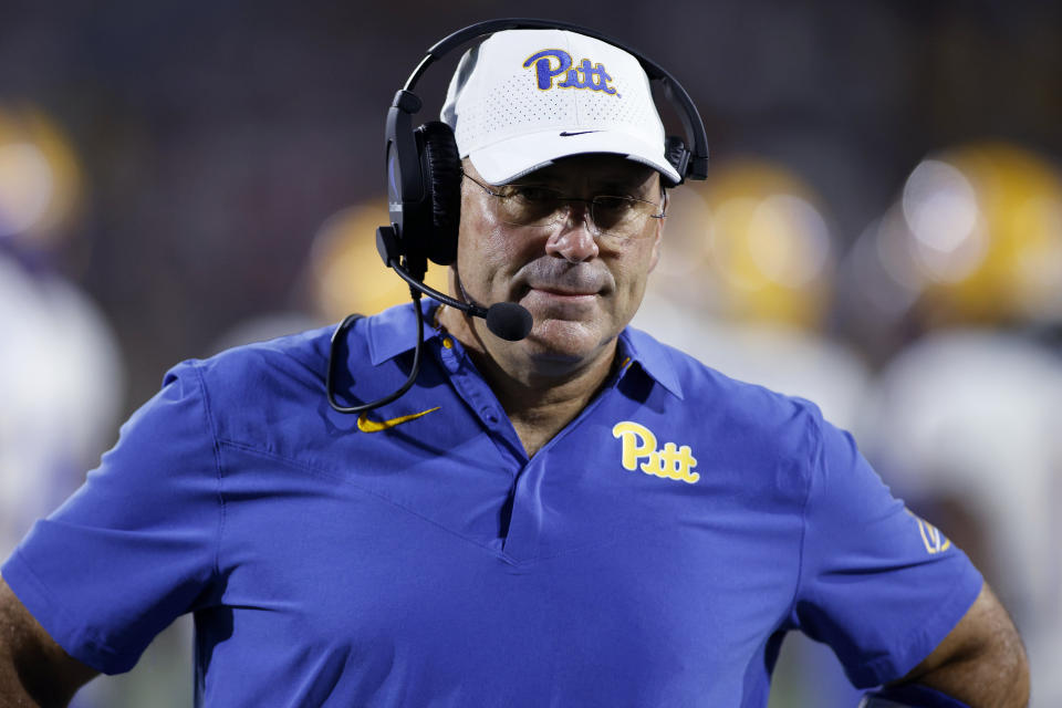 Pittsburgh coach Pat Narduzzi walks the sideline during the first half of an NCAA college football game against Western Michigan, Saturday, Sept. 17, 2022, in Kalamazoo, Mich. (AP Photo/Al Goldis)