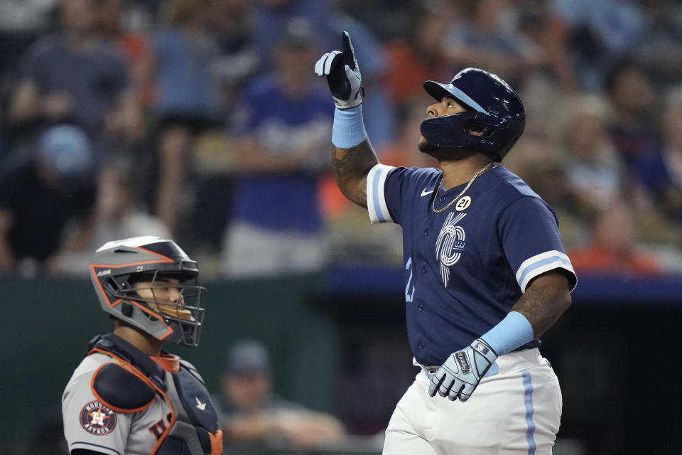 Kansas City Royals' Nelson Velazquez celebrates as he crosses the plate after hitting a solo home run during the fourth inning of a baseball game against the Houston Astros Friday, Sept. 15, 2023, in Kansas City, Mo. (AP Photo/Charlie Riedel)