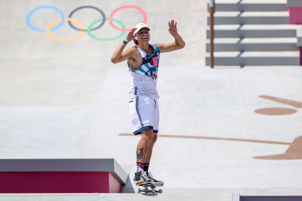 Eaton reacts at the Skateboarding Men's Street Finals on day two of the Olympics