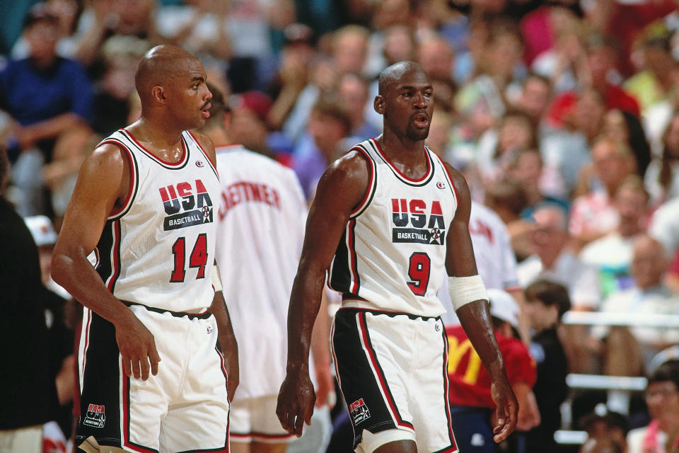 Michael Jordan teamed with good buddy Charles Barkley on the Dream Team. Barkley was the team's leading scorer. (Getty Images)