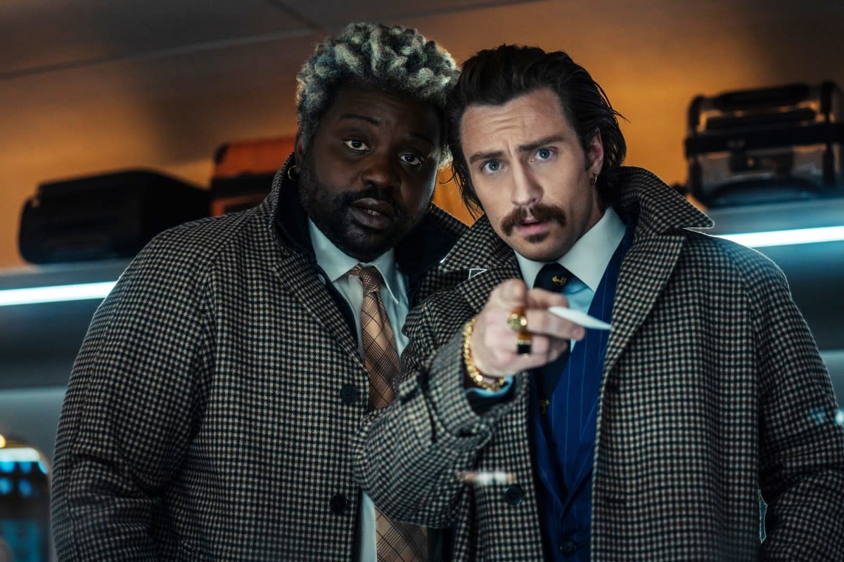 Brian Tyree Henry as Lemon and Aaron Taylor-Johnson as Tangerine in "Bullet Train"<p>Sony Pictures</p>