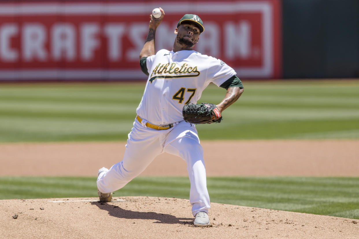 Strong A's starter Frankie Montas could help a contender's starting rotation. (AP Photo/John Hefti)