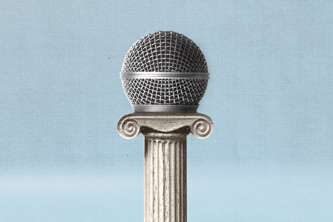 A photo illustration shows a concrete column from the Supreme Court with a microphone atop it.