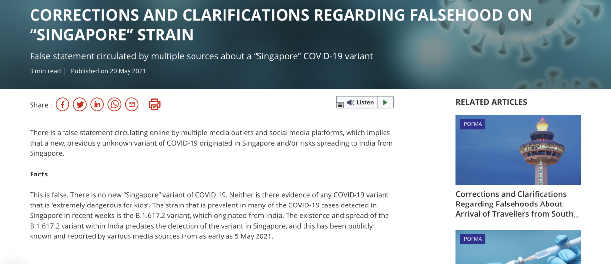 Under the POFMA correction direction, Facebook, Twitter and SPH Magazines are required to carry the Correction Notice to all end-users in Singapore who use Facebook, Twitter and HardwareZone.com. (PHOTO: Screengrab/gov.sg)