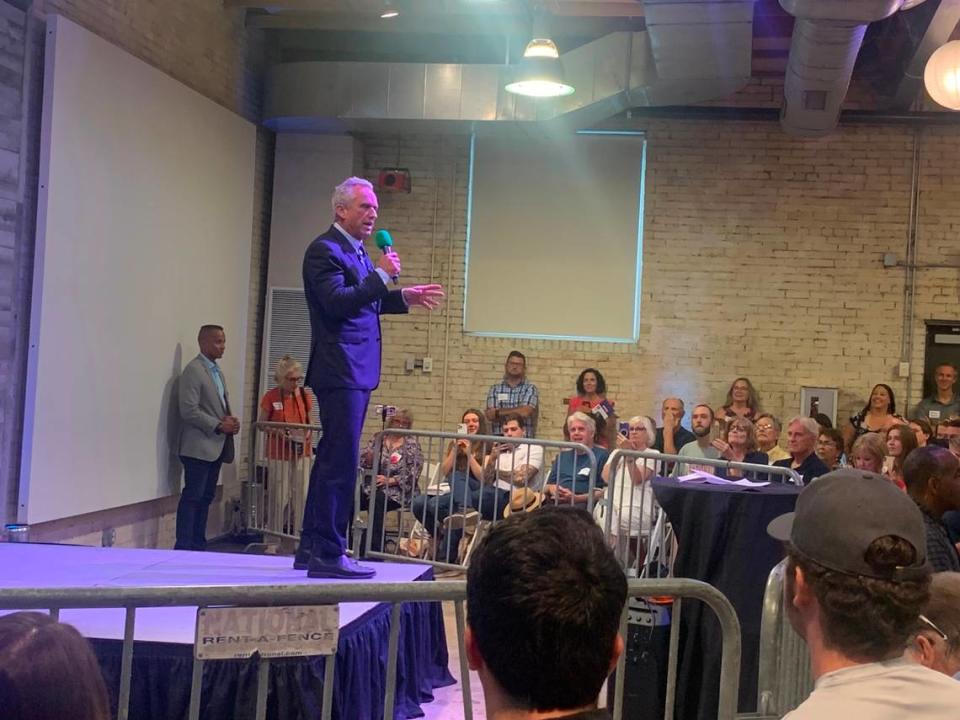 Robert Kennedy Jr., who is challenging President Joe Biden for the Democratic nomination in the 2024 election speaks to a crowd at Zen Greenville on Monday, Aug. 21, 2023.