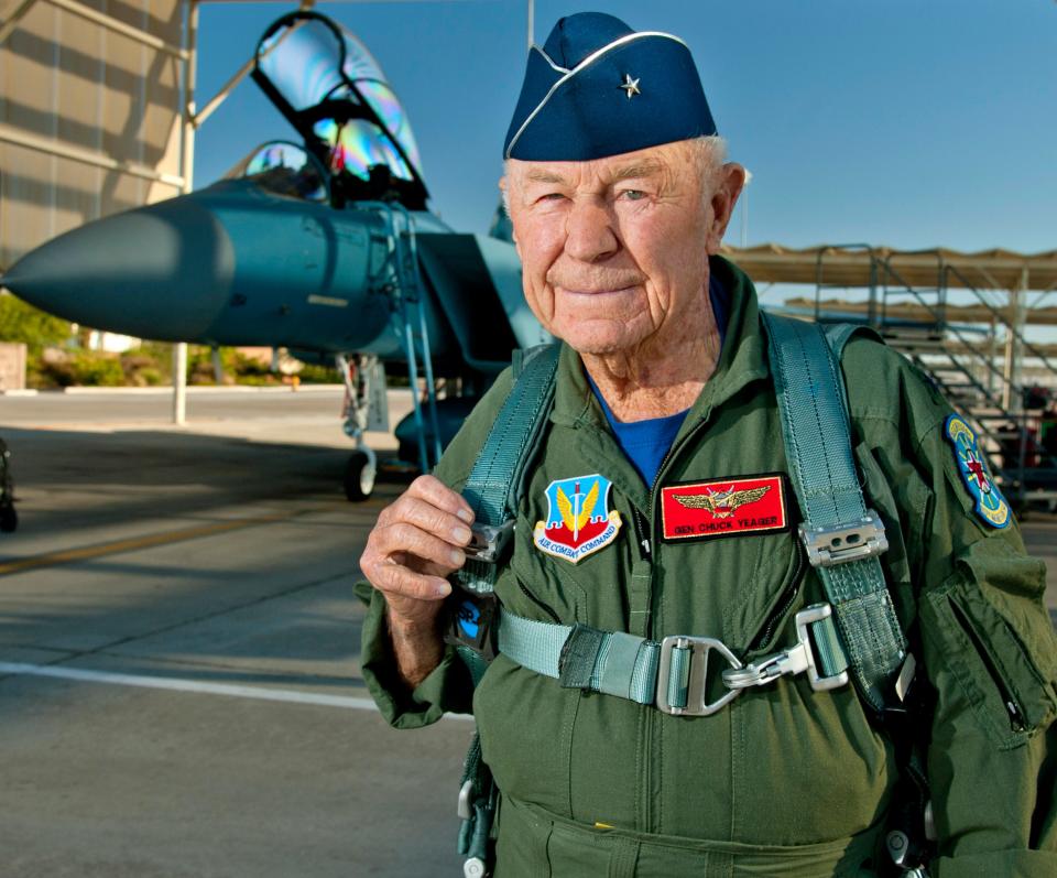 Retired Air Force Brig. Gen. Chuck Yeager in 2012 celebrates the 65th anniversary of his ground breaking event, by breaking the sound barrier again as an 89-year-old passenger.