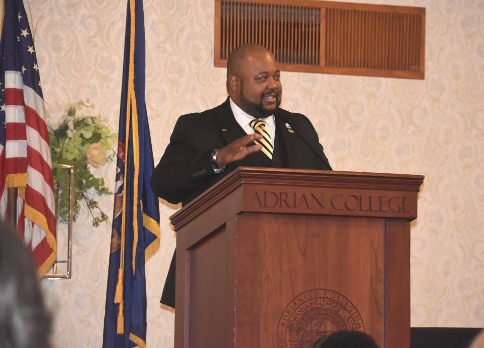 Daniel Mahoney, mayor of the city of Jackson, was the keynote speaker Monday, Jan. 15, 2024, during Adrian's annual Martin Luther King Jr. Day Celebration and Dinner, which was held in the Tobias Center on the campus of Adrian College. Mahoney said he was invited to be the program's speaker at the request of Christopher Carter, Martin Luther King Jr. Committee president and Andre'a Benard, committee treasurer.