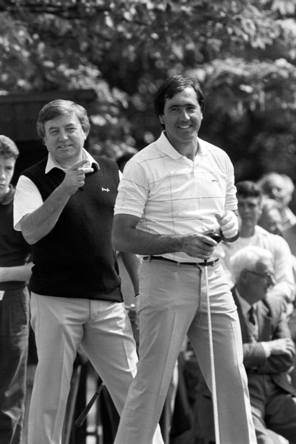 Europe's number one golfer Seve Ballesteros warms up with his partner, entertainer Jimmy Tarbuck, during practice ahead of the tournament at St Pierre Golf Club, Chepstow.