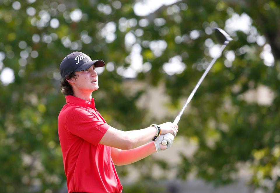 Guthrie's Beau Dale watches his shot during the All-State golf tournament at Cherokee Hills Golf Club in Catoosa on Monday.