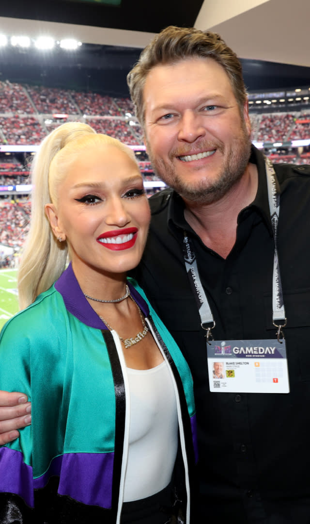 LAS VEGAS, NEVADA – FEBRUARY 11: (L-R) Gwen Stefani and Blake Shelton attend the Super Bowl LVIII Pregame at Allegiant Stadium on February 11, 2024 in Las Vegas, Nevada. <em>Photo by Kevin Mazur/Getty Images for Roc Nation.</em>