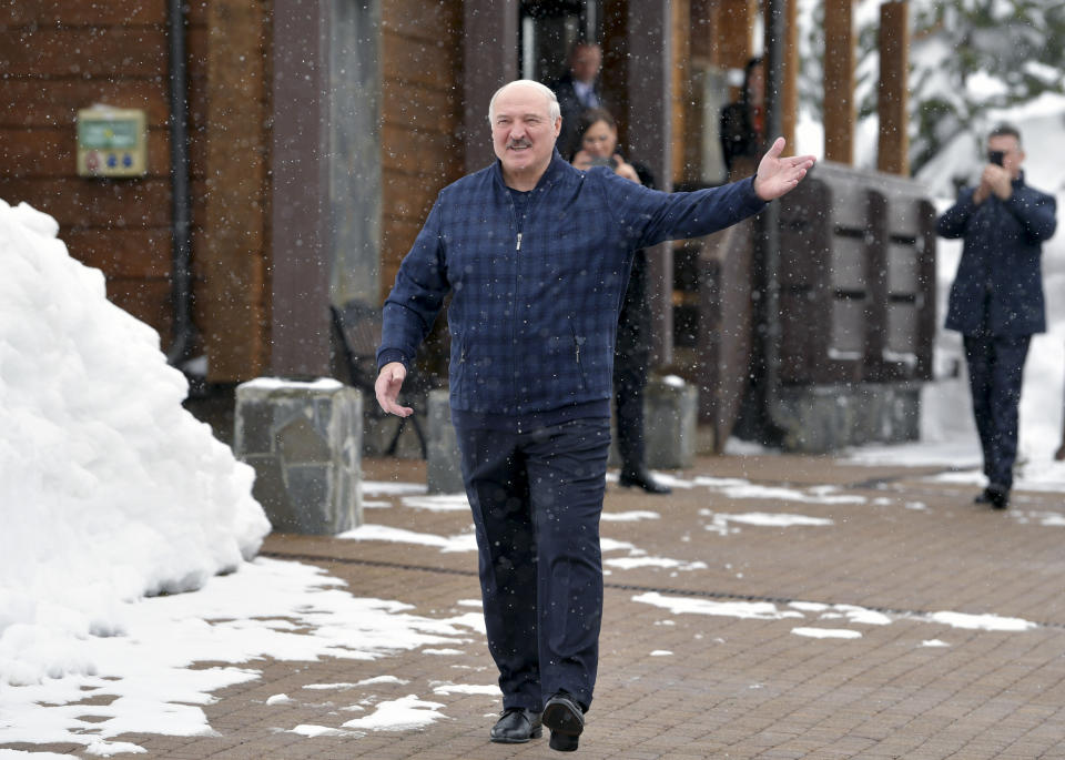 Belarusian President Alexander Lukashenko gestures as he arrives for talks with Russian President Vladimir Putin in the Black Sea resort of Sochi, Russia, Monday, Feb. 22, 2021. (Alexei Druzhinin, Sputnik, Kremlin Pool Photo via AP)