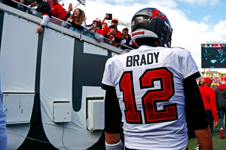 Tampa Bay Buccaneers quarterback Tom Brady waits in the tunnel before playing the Los Angeles Rams during a NFC divisional playoff game at Raymond James Stadium.
