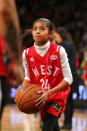 Gianna Bryant dribbles the ball during warm ups before the NBA All-Star Game 2016 at the Air Canada Centre on February 14, 2016 in Toronto, Ontario. (Photo by Elsa/Getty Images)