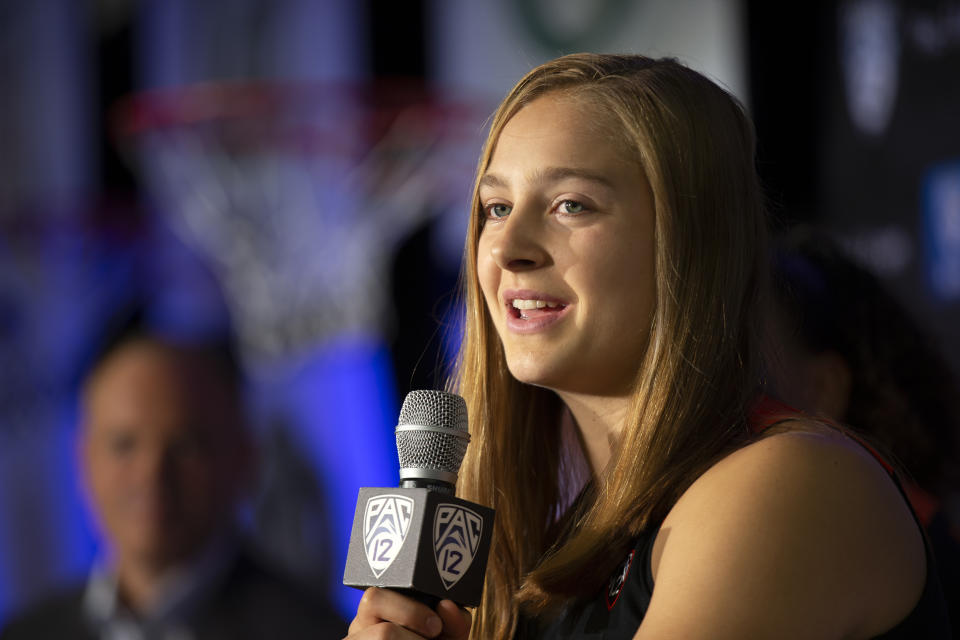Oregon State's Mikayla Pivec speaks to reporters during the Pac-12 Conference women's NCAA college basketball media day, Monday, Oct. 7, 2019, in San Francisco.(AP Photo/D. Ross Cameron)