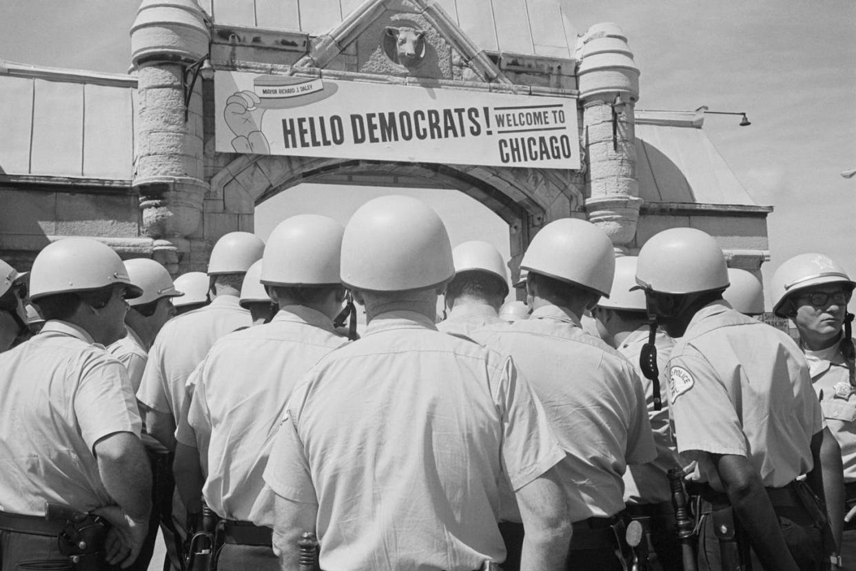 The 1968 Democratic National Convention in Chicago was not a peaceful event. <a href="https://www.gettyimages.com/detail/news-photo/the-sign-over-archway-leading-to-the-international-news-photo/515578006?adppopup=true" rel="nofollow noopener" target="_blank" data-ylk="slk:Bettmann/Getty Images;elm:context_link;itc:0;sec:content-canvas" class="link ">Bettmann/Getty Images</a>