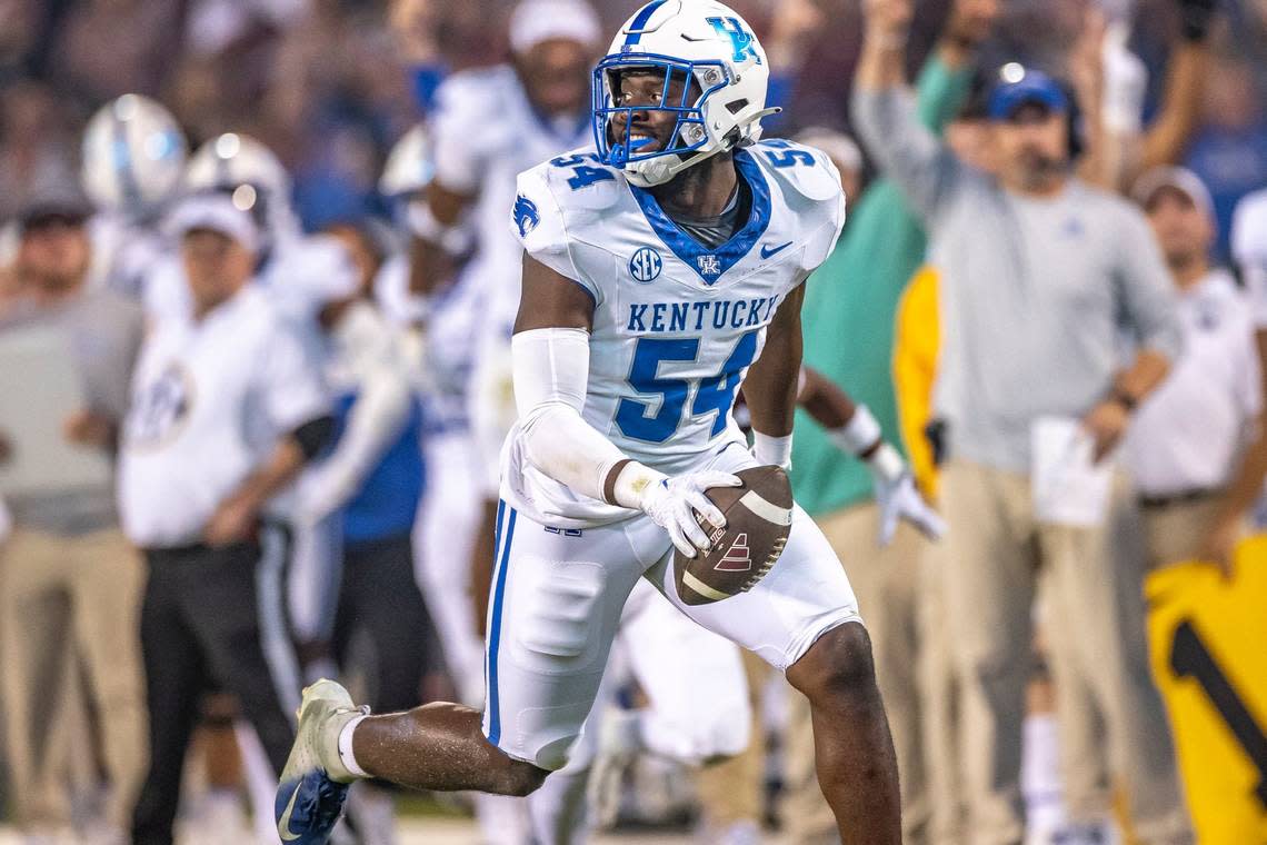 Kentucky middle linebacker D’Eryk Jackson (54) returned an interception 26 yards for a touchdown in UK’s 24-3 victory at Mississippi State last Saturday.