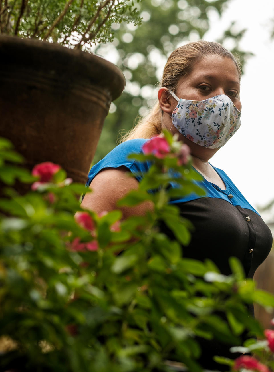 Image: Karen Salazar outside of her mother's home in Houston on July 7, 2020. (Fred Agho / for NBC News)