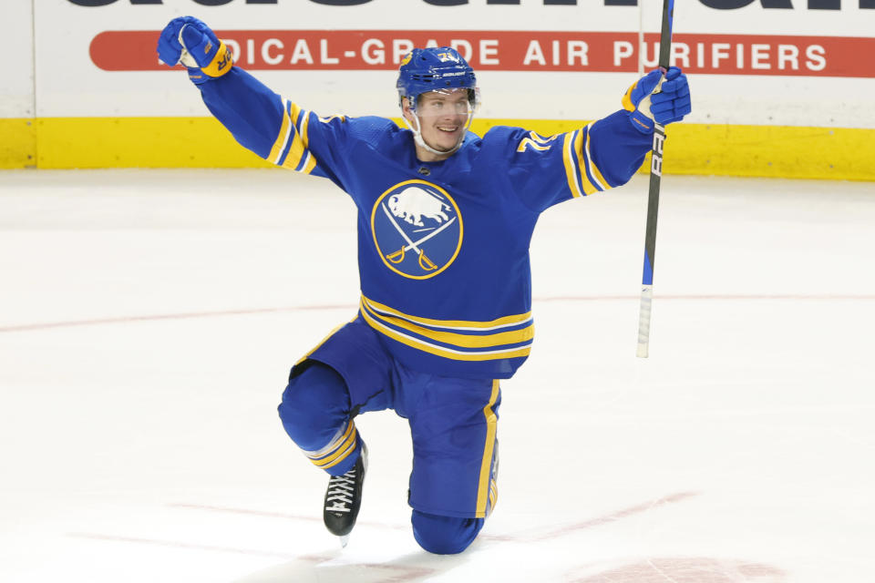 Buffalo Sabres left wing Victor Olofsson (71) celebrates his game winning goal during the overtime period of an NHL hockey game against the Chicago Blackhawks, Saturday, Oct. 29, 2022, in Buffalo, N.Y. (AP Photo/Jeffrey T. Barnes)