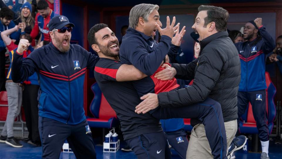 The four coaches celebrate on Ted Lasso