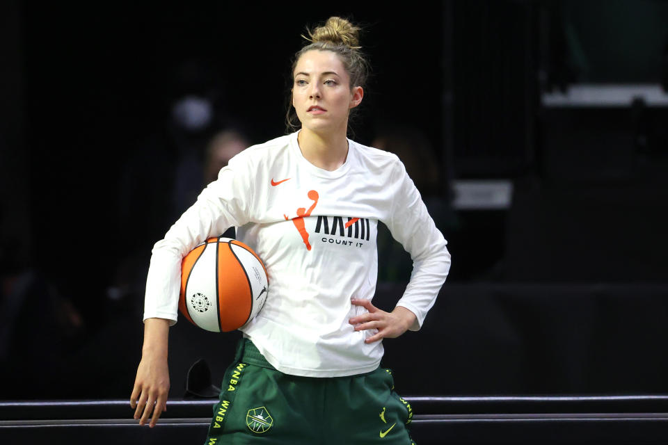 EVERETT, WASHINGTON - MAY 15: Katie Lou Samuelson #33 of the Seattle Storm looks on before the game against the Las Vegas Aces at Angel of the Winds Arena on May 15, 2021 in Everett, Washington. NOTE TO USER: User expressly acknowledges and agrees that, by downloading and or using this Photograph, user is consenting to the terms and conditions of the Getty Images License Agreement. (Photo by Abbie Parr/Getty Images)