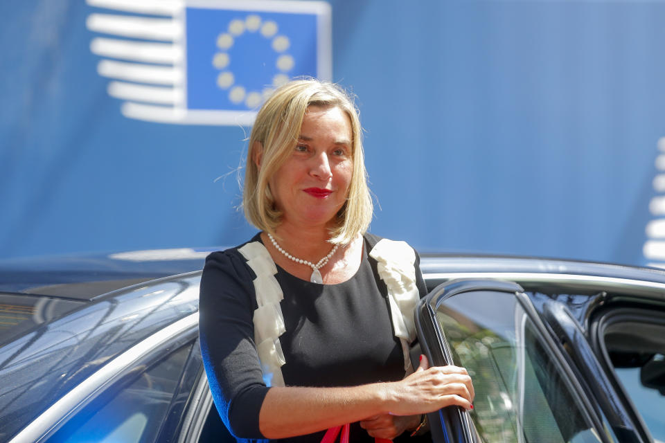 European Union foreign policy chief Federica Mogherini arrives for an EU summit at the Europa building in Brussels, Thursday, June 20, 2019. European Union leaders meet in Brussels for a two-day summit to begin the process of finalizing candidates for the bloc's top jobs. (Julien Warnand, Pool Photo via AP)