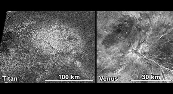 NASA's Cassini spacecraft obtained this image of a feature shaped like a hot cross bun in the northern region of Titan (left) that bears a striking resemblance to a similar feature on Venus (right).