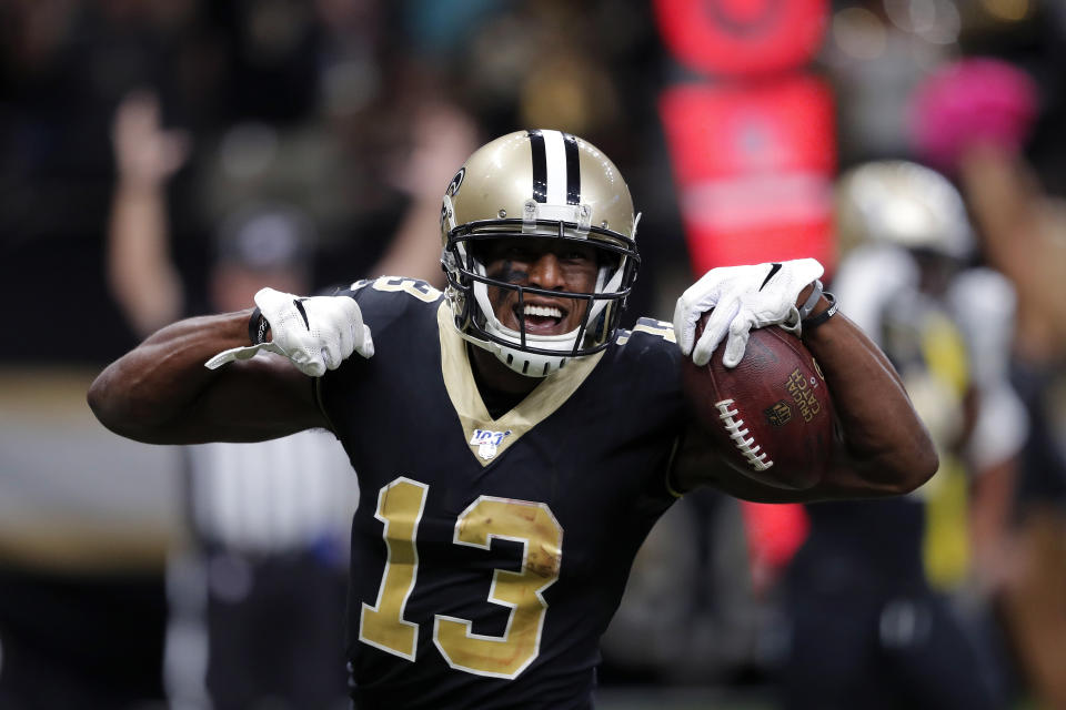New Orleans Saints wide receiver Michael Thomas (13) celebrates his touchdown reception in the second half of an NFL football game against the Tampa Bay Buccaneers in New Orleans, Sunday, Oct. 6, 2019. (AP Photo/Bill Feig)