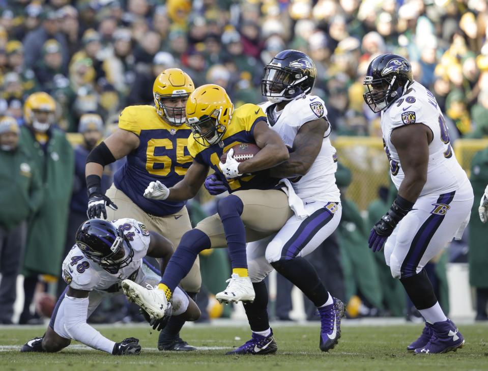 <p>Green Bay Packers quarterback Brett Hundley is sacked by Baltimore Ravens’ Matt Judon during the first half of an NFL football game Sunday, Nov. 19, 2017, in Green Bay, Wis. (AP Photo/Jeffrey Phelps) </p>