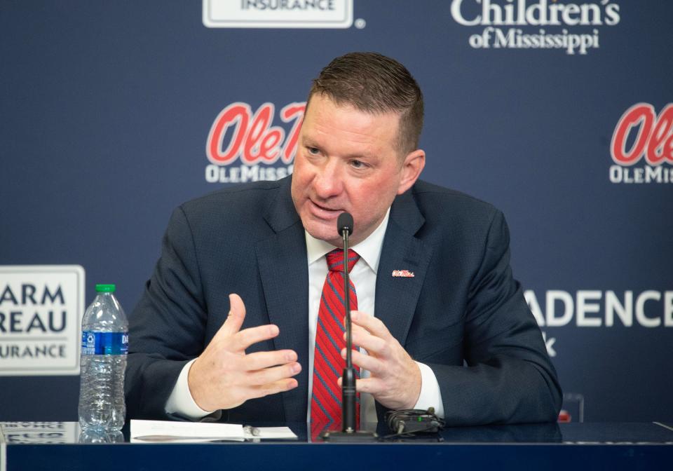 New University of Mississippi basketball coach Chris Beard, left, answers questions from media after a welcoming ceremony at the SJB Pavilion at Ole Miss in Oxford, Miss., Tuesday, March 14, 2023.