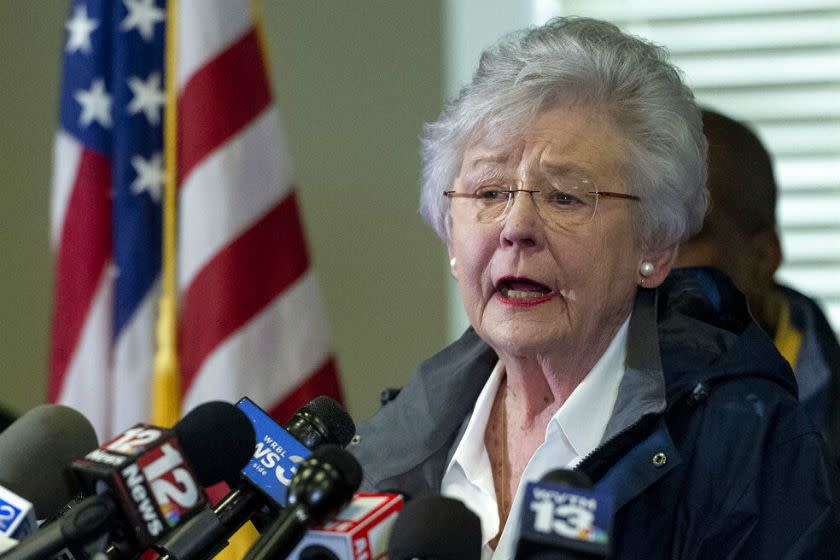 Alabama Gov. Kay Ivey, shown at a news conference in March, said she doesn't remember wearing blackface during a college skit in the 1960s but "will not deny what is the obvious."