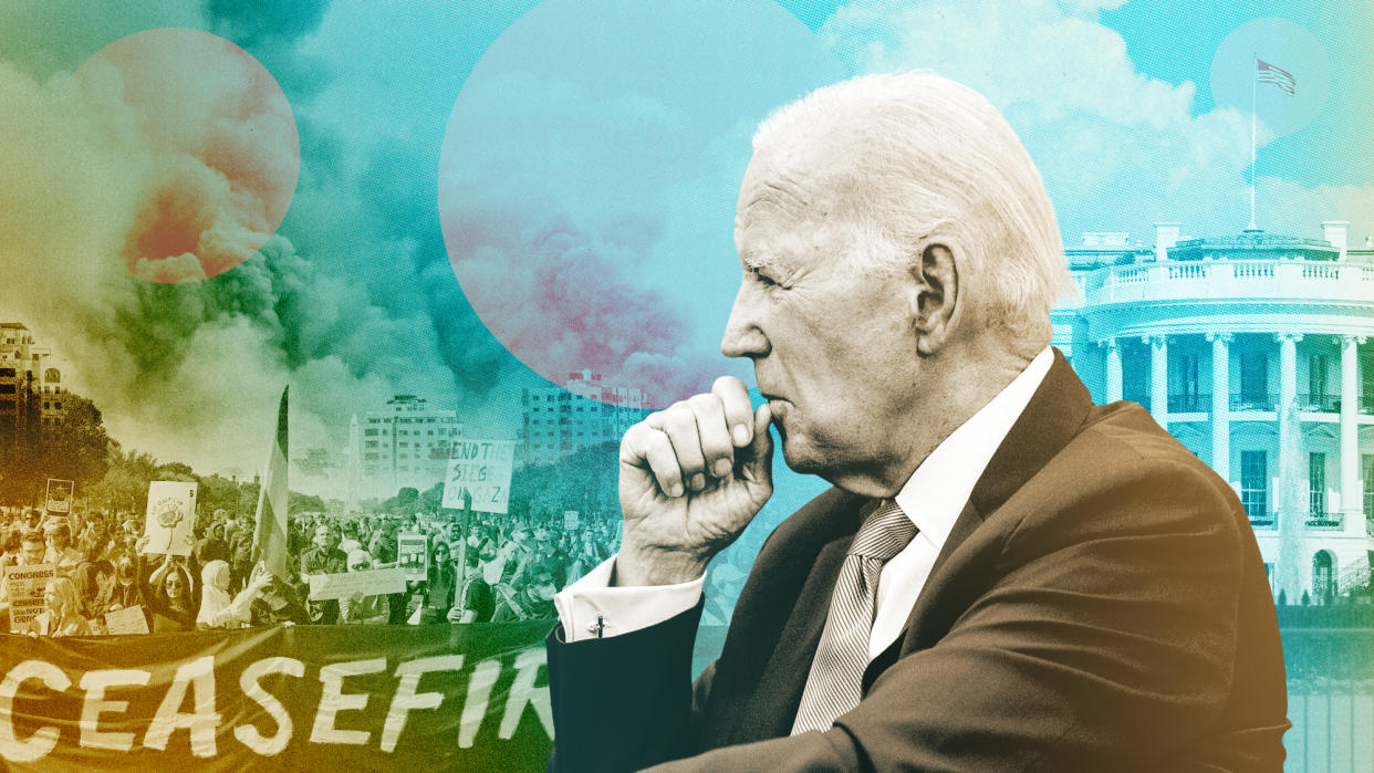  Joe Biden, pro-Palestine demonstrators, the White House and scenes of bombing in Gaza. 