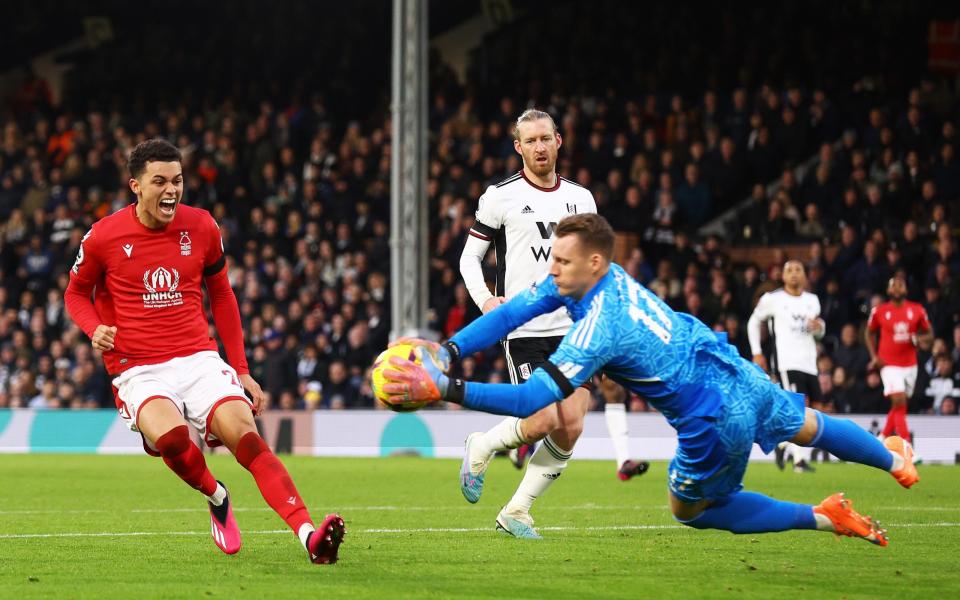 Brennan Johnson sees his shot is saved by Bernd Leno - Clive Rose/Getty Images