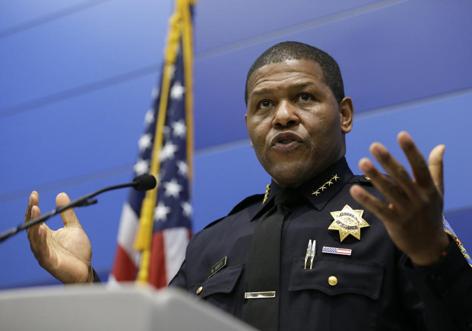 FILE - In this May 21, 2019, file photo, San Francisco Police Chief William Scott speaks during a news conference in San Francisco. The union representing San Francisco police officers is calling for its chief to resign over his handling of the police raid of a freelance journalist's home and office. Chief Scott acknowledged Friday, May 24, that the searches were probably illegal and apologized for the way his department handled the investigation into who leaked a confidential police report to Bryan Carmody. The police union fired back on Saturday, May 25, saying Scott ordered the investigation, knew Carmody was a journalist and deceived the sergeant who wrote the search warrant. (AP Photo/Eric Risberg, File)