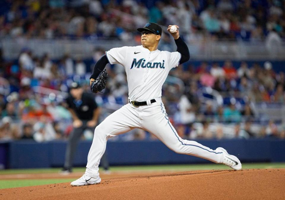 Miami Marlins starting pitcher Jesus Luzardo (44) throws the first pitch during the first inning of Sunday’s game against the Philadelphia Phillies at loanDepot Park in Miami.