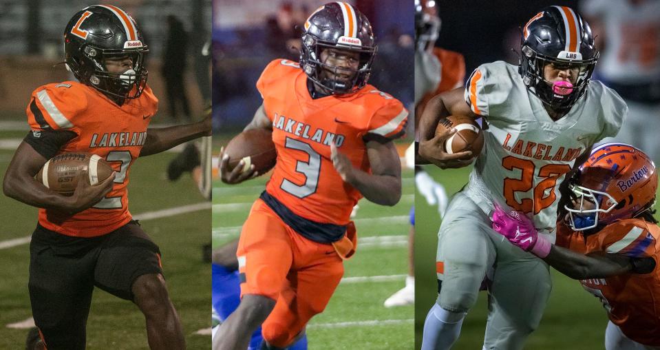 From left, Don'Ares Johnson, D'Marius Rucker and Markell Johnson bring speed and power and lead a Lakeland rushing attack that avrerages 229.1 yards.