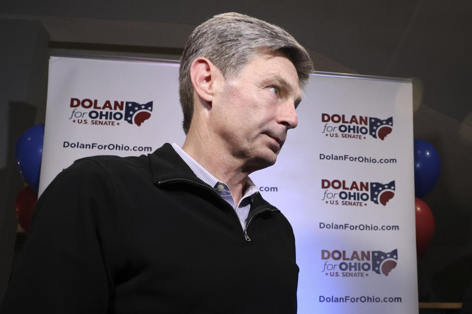Ohio state Sen. Matt Dolan, a Republican candidate for U.S. Senate, finishes answering reporters' questions after conceding to Republican Bernie Moreno during a primary election watch party in Independence, Ohio, Tuesday, March 19, 2024. (AP Photo/Paul Vernon)