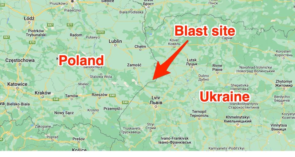 A map showing the location of the blast site in relation to the Poland-Ukraine border.