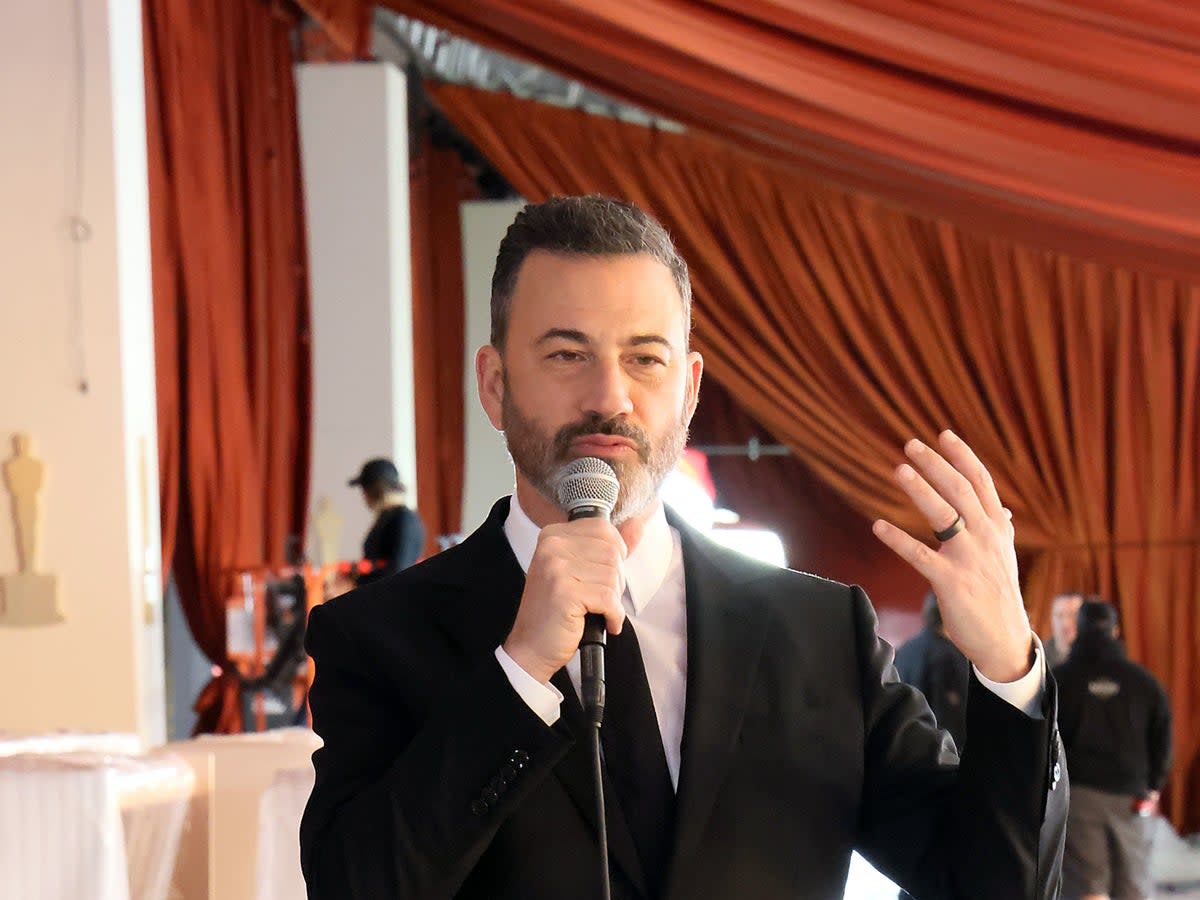 Jimmy Kimmel speaks during the 95th Oscars Arrivals Carpet Roll Out at Ovation Hollywood on March 08, 2023 in Hollywood, California. (Photo by Rodin Eckenroth/Getty Images) (Getty Images)