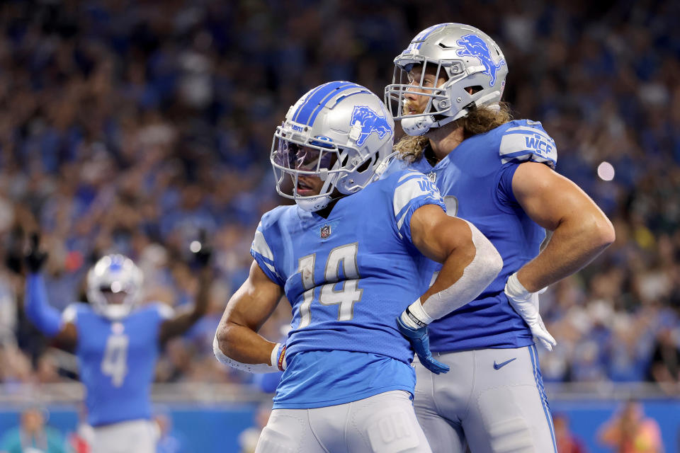 Wide Receiver Amon-Ra St. Brown #14 of the Detroit Lions &amp; Tight End T.J. Hockenson #88 both have fantasy value