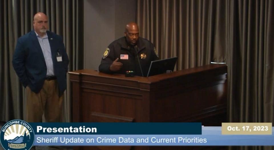 Sheriff Quentin Miller and Buncombe County EMS director Taylor Jones talk to the Buncombe County Board of Commissioners about the community co-responder program Oct. 17, 2023.