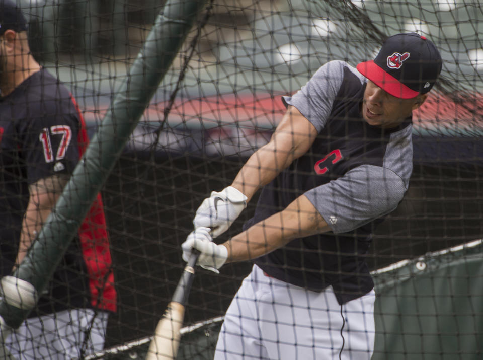 Cleveland Indians' Michael Brantley hits during a workout in Cleveland, Sunday, Oct. 7, 2018. The Indians play the Houston Astros in the third game of their ALDS series Monday. (AP Photo/Phil Long)