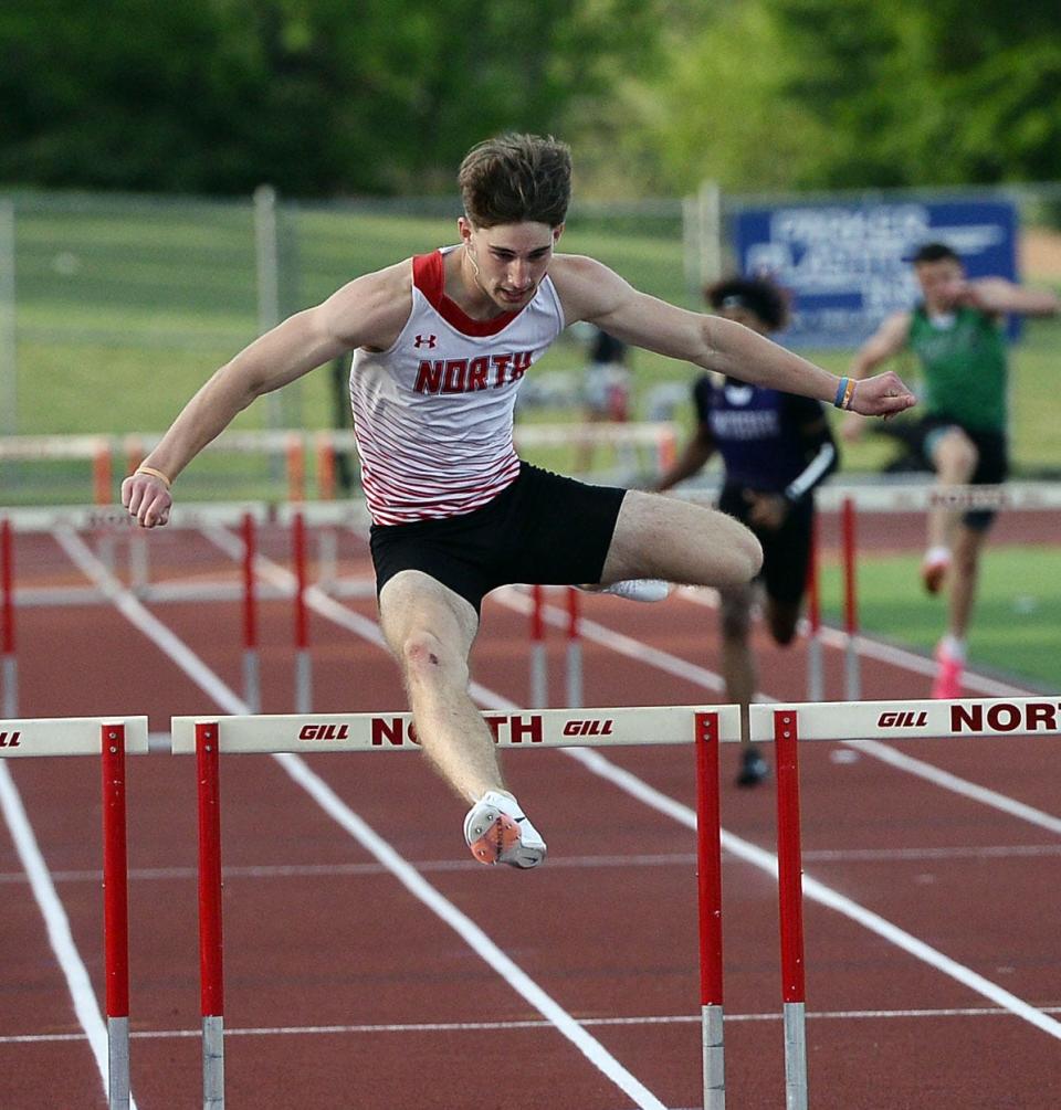 North Hagerstown's Ryder Johnston races to victory in the boys 300-meter hurdles during the Washington County Track & Field Championships.