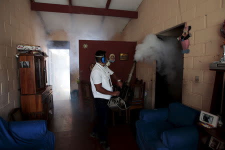 A health worker fumigates the Altos del Cerro neighbourhood as part of preventive measures against the Zika virus and other mosquito-borne diseases in Soyapango, El Salvador January 21, 2016. REUTERS/Jose Cabezas