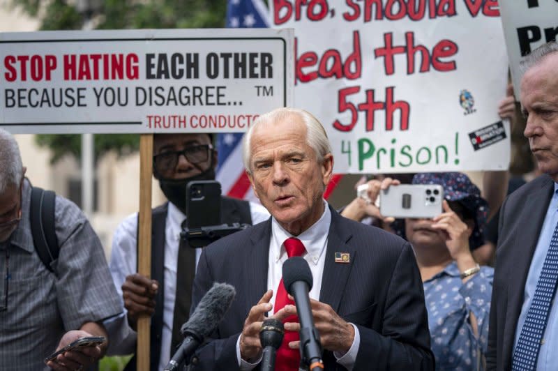 Peter Navarro, an advisor to former president Donald Trump, was sentenced to four months in jail and fined $9,500 for contempt of Congress on Thursday. File Photo by Bonnie Cash/UPI