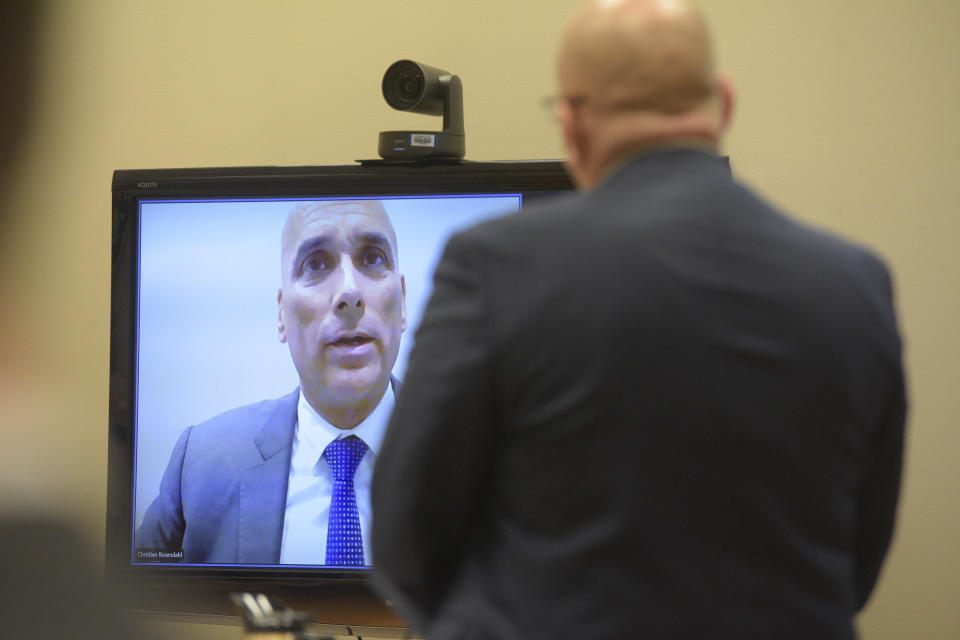 Attorney Matthew Maddox testifies through a video link during a disciplinary hearing in Waterbury Superior Court, in Waterbury, Conn., on Thursday, Aug. 25, 2022. (H John Voorhees III/Hearst Connecticut Media via AP, Pool)