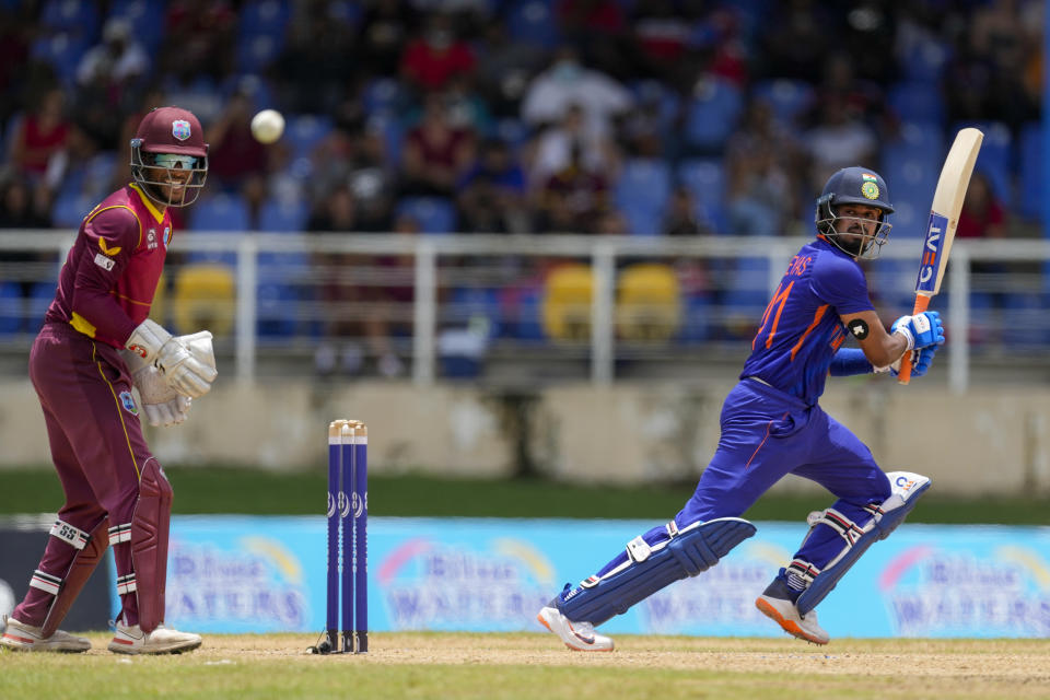 India's Shreyas Iyer plays a shot against West Indies during the first ODI cricket match at Queen's Park Oval in Port of Spain, Trinidad and Tobago, Friday, July 22, 2022. (AP Photo/Ricardo Mazalan)