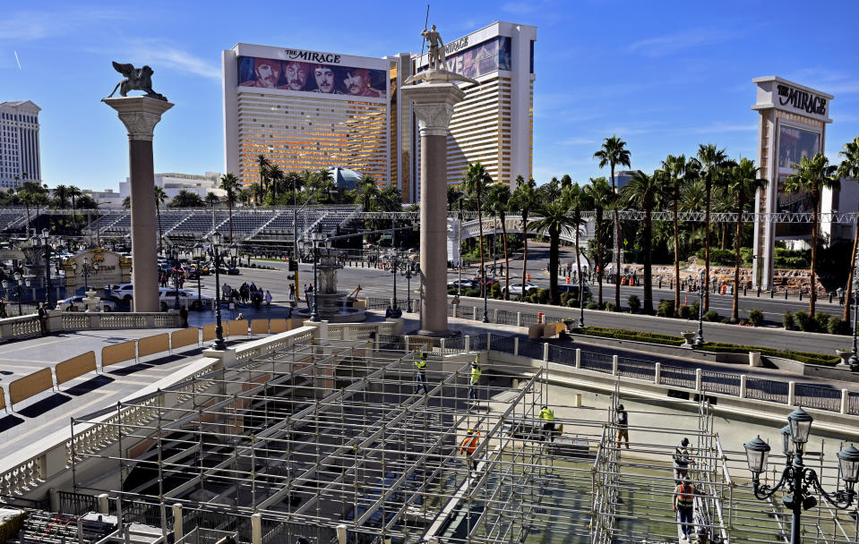 Workers construct a viewing platform in front of the Venetian Las Vegas earlier this month. 