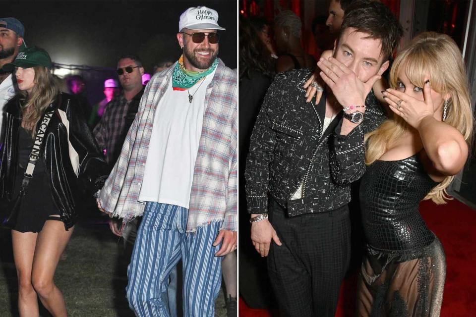 <p>Gilbert Flores/WWD via Getty; Dave Benett/VF24/WireImage</p> Taylor Swift and Travis Kelce at Coachella on April 13; Barry Keoghan and Sabrina Carpenter in March