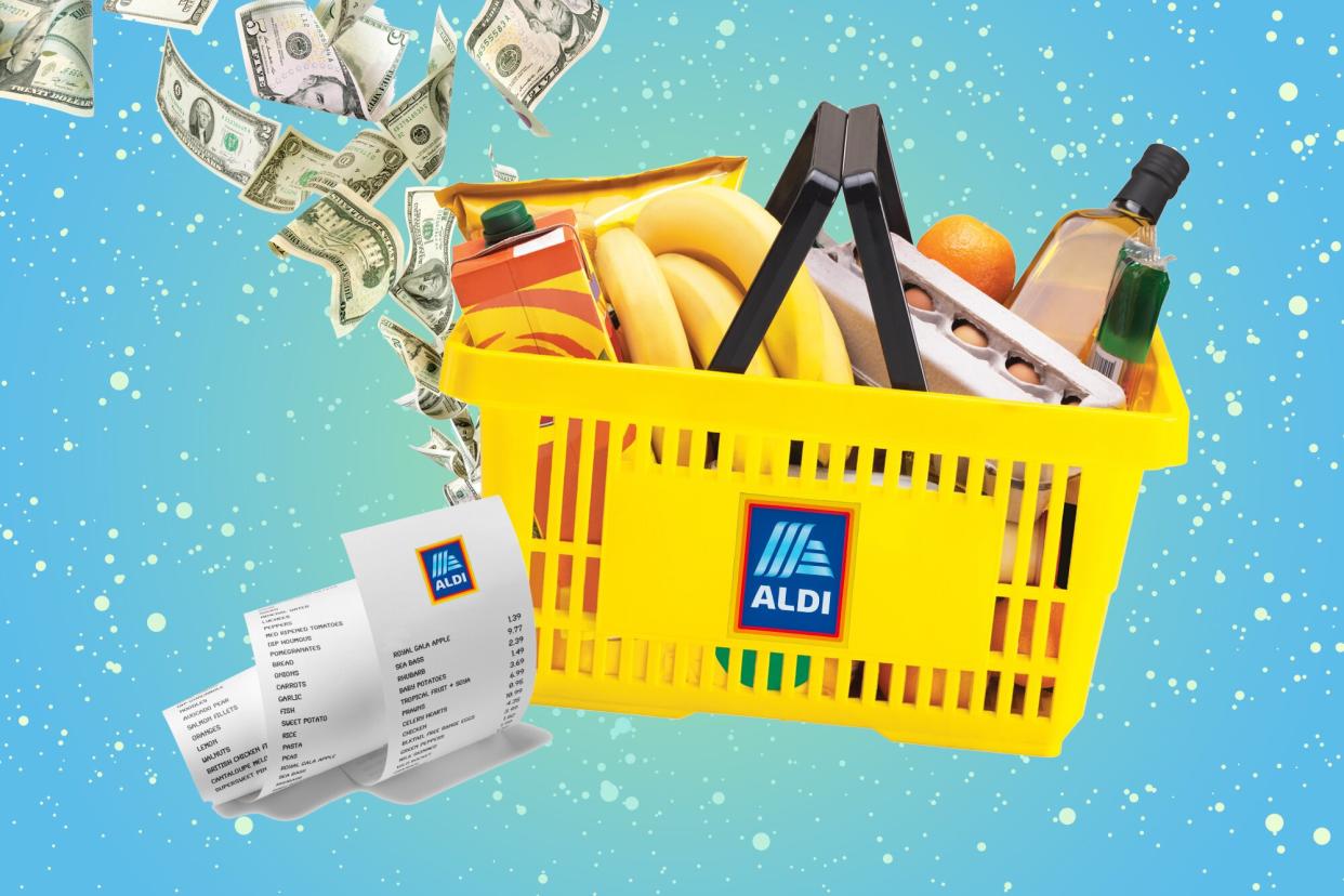 a collage of a grocery basket full of groceries, a receipt, and flying dollar bills