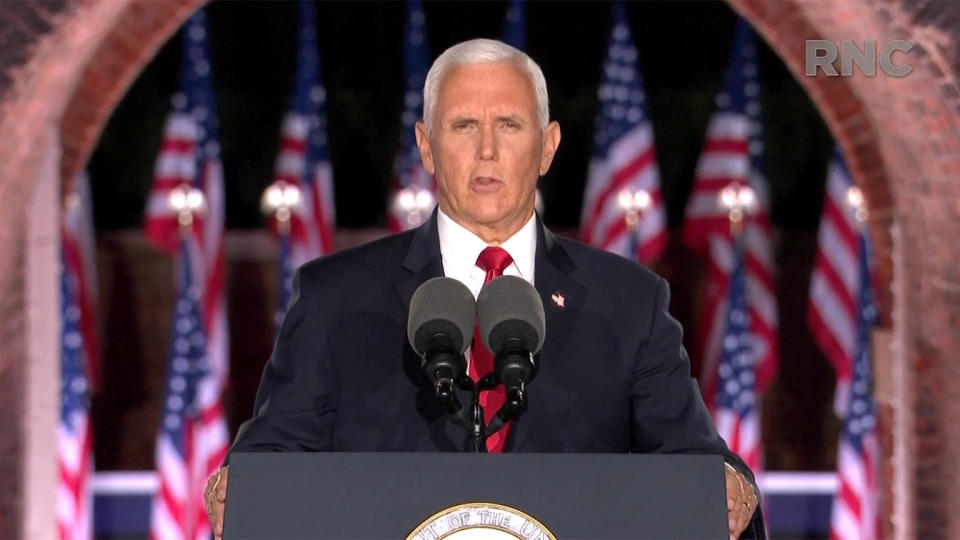 Vice President Mike Pence speaks at the virtual Republican National Convention on August 26, 2020. (via Reuters TV